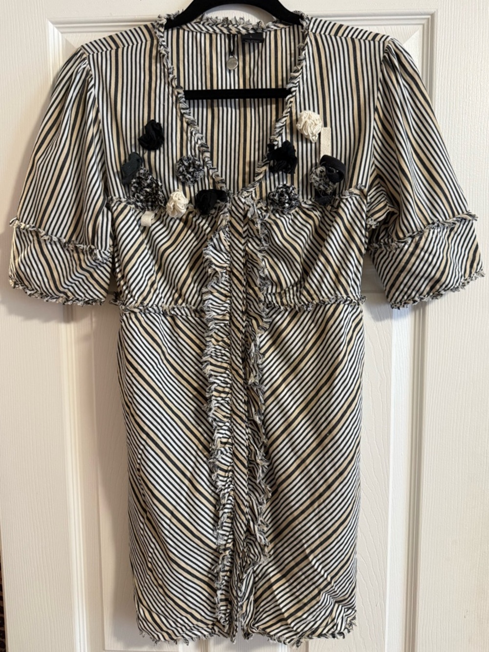 BKE Black, Tan and White Striped Button Down Floral Appliqué Top